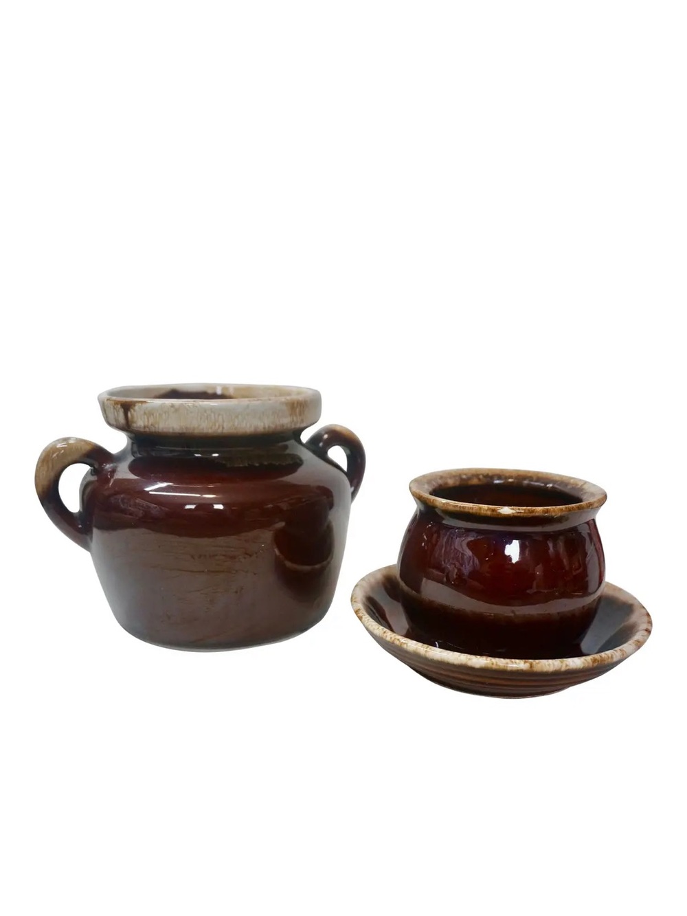 Vintage Brown Drip Glaze Stoneware Set - McCoy Bean Pot & Hull Serving Set - 3pc